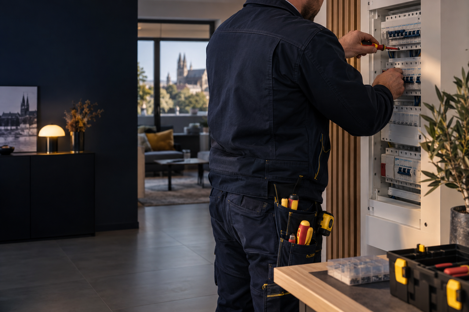 Électricien intervenant sur un tableau électrique dans un logement